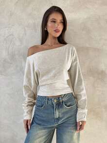 Top de manga larga asimétrico de hombro de punto de color albaricoque para mujer, otoño/invierno - Albaricoque - Ver 3