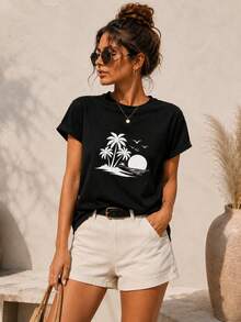 Envío local:Playera para Mujer con Estampado de Palmeras y Atardecer, Camiseta de Manga Corta Cuello Redondo Básica Cómoda para Verano, Estilo Casual Playa - Negro - Ver 1
