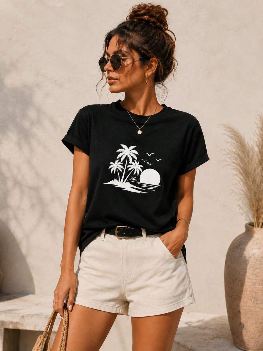 Envío local:Playera para Mujer con Estampado de Palmeras y Atardecer, Camiseta de Manga Corta Cuello Redondo Básica Cómoda para Verano, Estilo Casual Playa - Negro - Ver 1