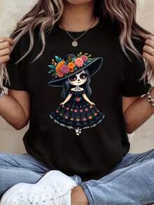 Camisetara mujer - Top básico de manga corta y cuello redondo, suave y de uste hoado, adecuado para ropa casual de primavera y verano, regalo de cumpleaños y atuendos diarios, estilo blusa con estampado mexicano, lavable a máquina (sin transparencia) - Negro - Ver 2