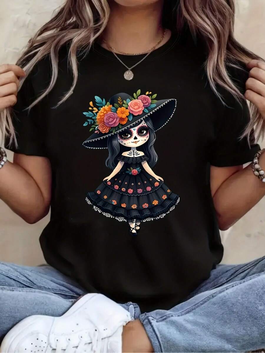 Camisetara mujer - Top básico de manga corta y cuello redondo, suave y de uste hoado, adecuado para ropa casual de primavera y verano, regalo de cumpleaños y atuendos diarios, estilo blusa con estampado mexicano, lavable a máquina (sin transparencia)