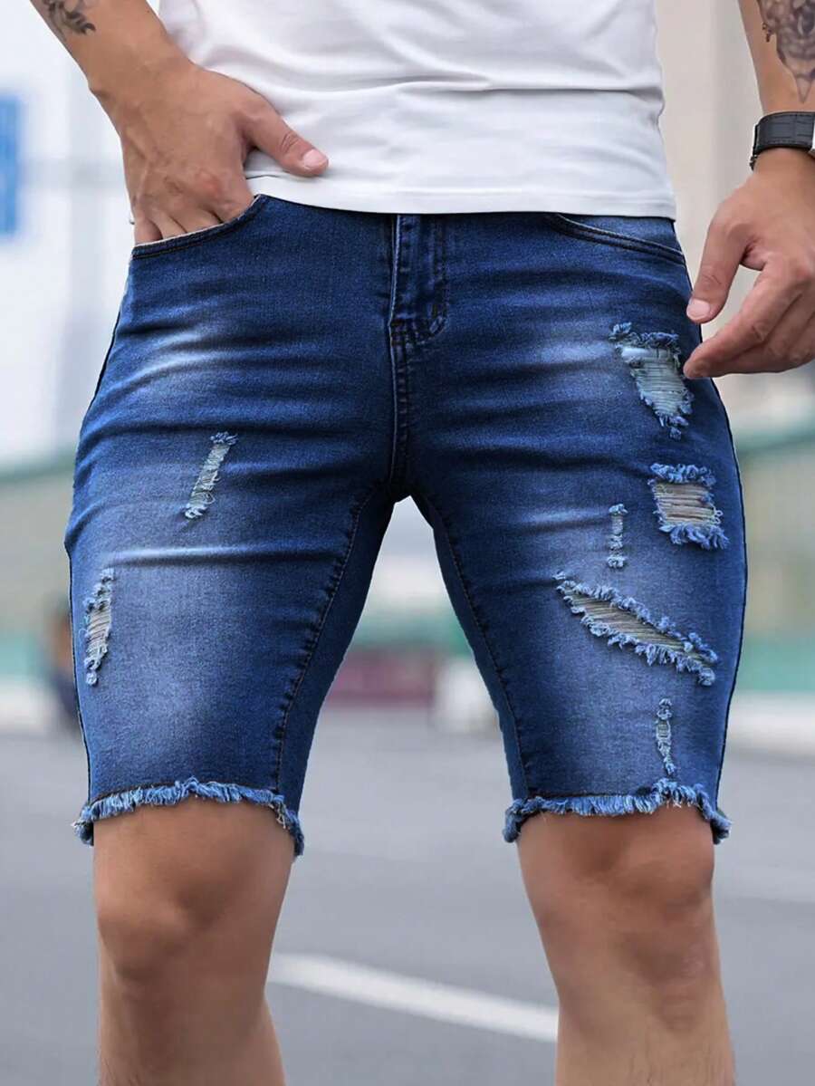 Men's Fashionable Distressed Frayed Hem Elastic Denim Capri Pants - Blue - View 1