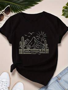 Women's Short Sleeve Sports T-Shirt, Size, Minimalist Design With Desert Landscape - Black - View 6