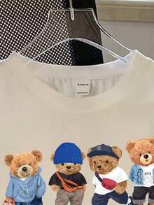 Camiseta de punto blanca de talla grande para adolescente con un sencillo y divertido patrón de oso de dibujos animados, adecuada para el verano. - Blanco - Ver 3