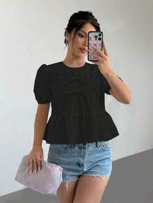 Blusa con volantes y mangas abullonadas con lazo en la parte delantera - Negro - Ver 1