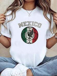 Respirable Camiseta unisex estampada con el emblema del fútbol y el águila en los colores de la bandera mexicana, diseñada en estilo vintage con mangas cortas, top deportivo mujer - Blanco - Ver 6