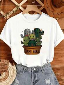 Suave 100% Cotton Camiseta de Mujer con Estampado Divertido de Cactus Amigables en Maceta Free Hugs Diseño Casual y Cómodo para el Verano, ropa de calor mujer - Blanco - Ver 7