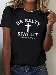 BE SALTTAY LIT Women's T-Shirt | Matthew 5:14 Bible Verse - Christian Faith Clothing, Comfortable Casual Short Sleeve T-Shirt, Black With White Letters, All Seasons, Machine Washable, Crew Neck, Regular Fit - 黑色 - 查看 1