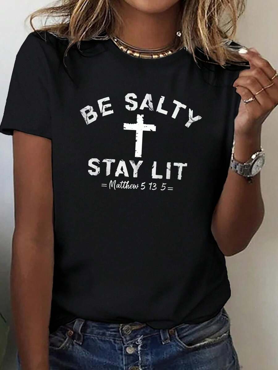 BE SALTTAY LIT Women's T-Shirt | Matthew 5:14 Bible Verse - Christian Faith Clothing, Comfortable Casual Short Sleeve T-Shirt, Black With White Letters, All Seasons, Machine Washable, Crew Neck, Regular Fit - 黑色 - 查看 1