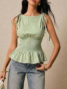 Blusa de cuadros verdes con cuello redondo, cintura con lazo y volantes en el bajo, hombros con lazo, para verano, tops de mujer, tops de verano, tops de concierto, tops de playa, tops con volantes, tops con lazo delantero, tops bohemios, tops de - Verde lima - Ver 5