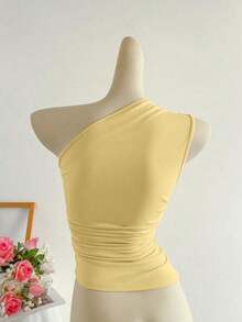 Top corto plisado de un hombro en color albaricoque, ropa de trabajo elegante, de estilo minimalista y casual para mujer, adecuado para primavera/verano - Amarillo - Ver 2