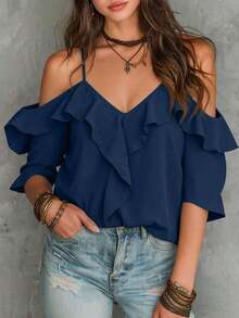 Blusa de volantes con hombros descubiertos de unicolor, estilo de vacaciones de playa para mujer - Azul marino - Ver 6