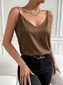 1 pieza Camiseta de satén sin mangas de verano para mujer, elegante top sin espalda de moda, adecuado para verano, citas por la noche, oficina, vacaciones, uso casual diario - Café oscuro - Ver 3