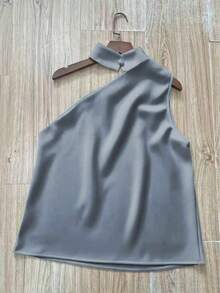 1 pieza Blusa elegante sin mangas de satén de unicolor con volantes asimétricos/asimétricos, adecuada para verano, vacaciones, oficina, hogar, uso diario, fiesta de cumpleaños, eventos formales y casuales - gris plateado - Ver 5