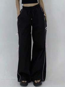 Pantalones casuales de pierna ancha con cordón en contraste y ribeteamionto - Negro 3 - Ver 5