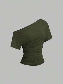 Nueva camiseta casual de primavera/verano para mujer, de estilo elegante y chic de la calle, con hombro asimétrico, ajuste delgado, deportiva, versátil y cómoda - Verde - Ver 8