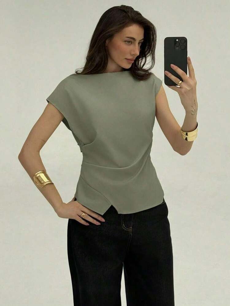 Blusa de oficina para mujer con cuello de barco, mangas cortas y corte cropped en color beige - Verde - Añade 7