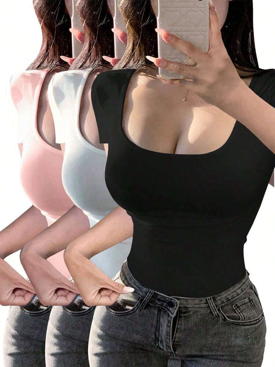 Set de 3 camisetas de mujer de manga corta con cuello en U, tops ajustados y cortos de color liso casual y de moda para el verano - Multicolor 5 - Ver 1