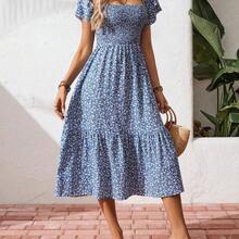 Square Neck Ditsy Floral Casual Summer Short Sleeve Dress Maxi Vacation Beach Outfits Women - Morado - Ver 6