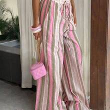 Tall Women's High-Waist Striped Linen Wide Leg Pants, Beach Vacation Casual Countryside Style, Elegant And Natural, Random Floral Pattern, Summer Fall Women Clothes Back To School - Verde militar - Ver 5