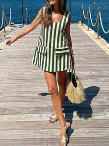 Conjunto de vacaciones para mujer: Vestido mini casual de playa de estilo bohemio con parches a rayas, elegante para el verano - Verde - Ver 5