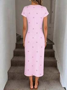 Vestido midi sin mangas con abertura alta, estampado elegante de lazo a rayas rosa, estilo minimalista casual; Vestido de punto de textura casual ajustado para mujer; Conjunto de fitness para mujer; Vestido de invitada de boda para mujer; Atuen - Multicolor 8 - Ver 2