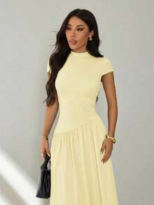 Vestido casual largo plisado de manga abullonada y cuello alto en unicolor para mujer, de verano - Amarillo claro - Ver 7
