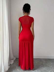 Nuevo vestido de moda de cuello alto sólido rojo sin mangas, con diseño sexy de malla calada y plisado en línea A, adecuado para fiesta de graduación, eventos festivos, citas - Rojo - Ver 2