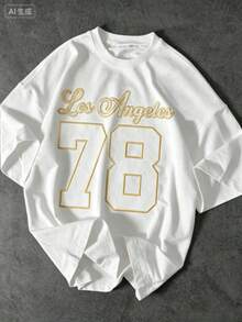 1pc Casual 100% Algodón Camiseta para mujer Deportivo Apto para llevar en primavera verano otoño e invierno Camiseta para hombre Camisetas para parejas con estampado de Los Angeles y número 78 en dorado sobre fondo negro diseño elegante y moderno ideal para looks casuales y deportivos - Blanco - Ver 1