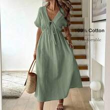 Apricot Bowknot Casual Midi Dress For Women Baby Blue Dress,Sun Dresses For Women Work Summer Dresses,Shirt Dresses For Women - Albaricoque - Ver 11