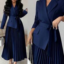 Raffinéa Women's Casual Versatile Commuting Patchwork Blazer Collar Long Sleeve Cinched Waist Pleated Midi Dress, Autumn/Winter Skirt Suits For Woman Blazer Skirt Set - Negro - Ver 2