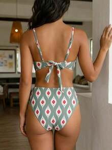 Bộ bikini hai mảnh họa tiết hình thoi, kiểu dáng gợi cảm, không lưng, cạp cao, thích hợp cho bãi biển, kỳ nghỉ hè. - xanh quân đội - Xem 2