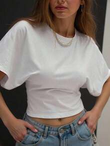 Camiseta blanca casual de mujer de cuello redondo y manga corta, holgada - Blanco 2 - Ver 6