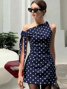 Vestido mini ajustado con estampado de lunares asimétrico y tirantes, elegante negro para primavera/verano - Azul marino - Ver 8