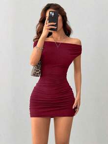 Vestido mini con hombros descubiertos y volantes, sexy - Burdeos - Ver 5