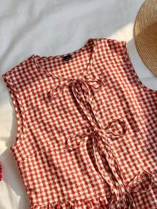 Blusa de rayas y estampado sin mangas para uso diario sencilla, tops sin mangas - Rojo 2 - Ver 7
