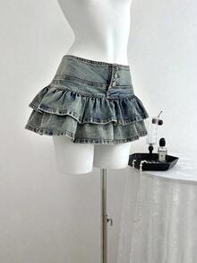 Falda de mezclilla de moda para mujer con diseño de cintura con botones y dobladillo con doble volante - Azul lavado oscuro 2 - Ver 4