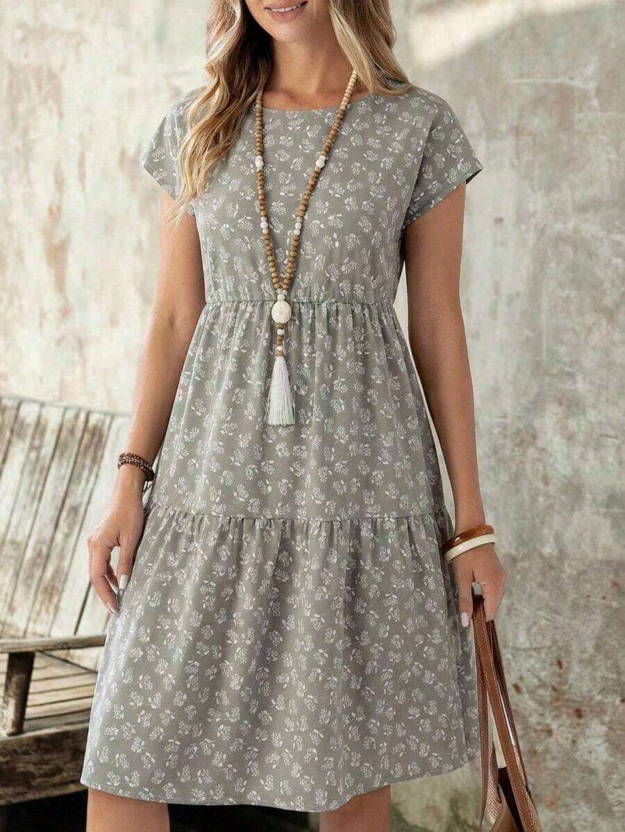 Vestido de mujer de manga corta con cuello redondo y estampado geométrico de verano - verde claro - Ver 1