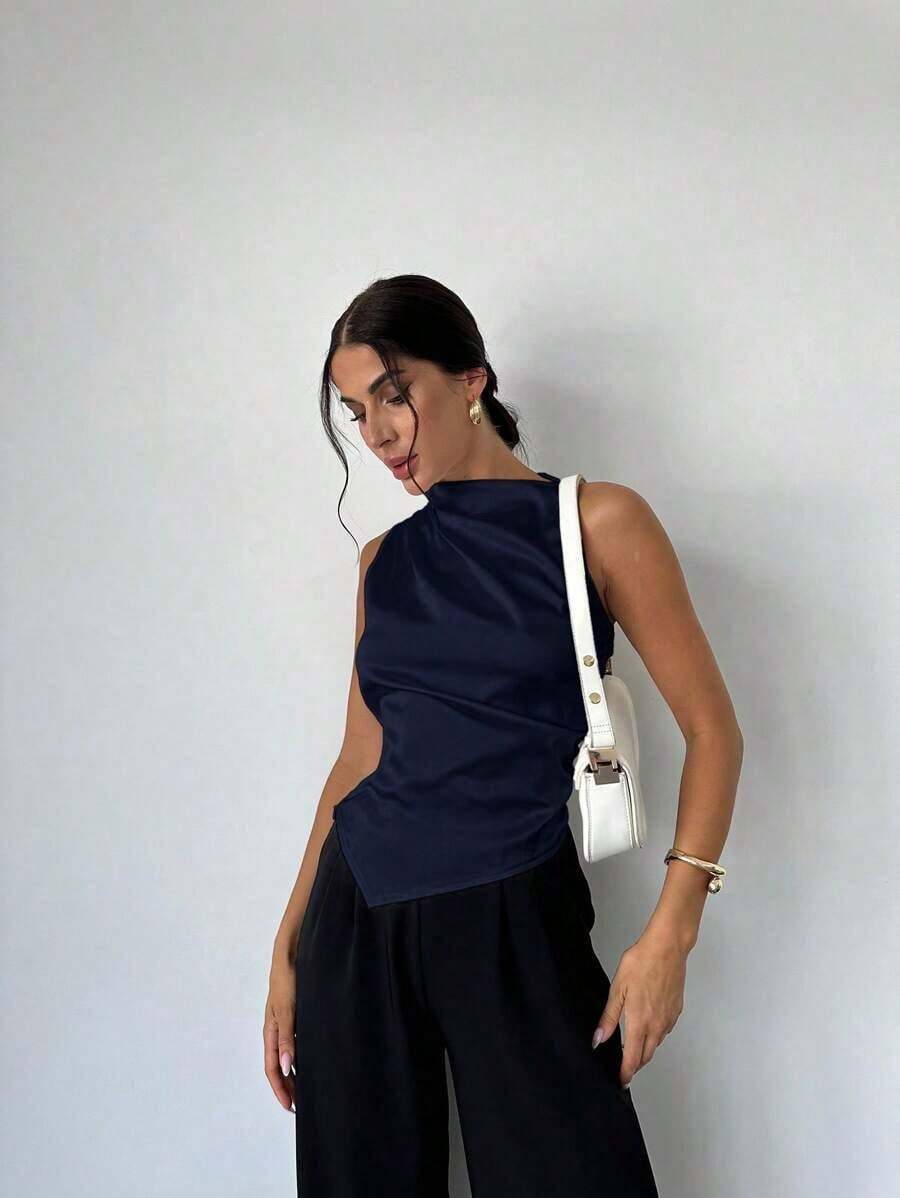 Blusa de satén con cuello plisado, sin mangas, elegante y minimalista para oficina, con dobladillo puntiagudo - Azul marino 2 - Ver 1