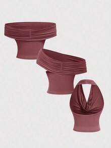 Set de 3 blusas de mujer de unicolor con pliegues, versátiles y de moda, para otoño/invierno, Navidad, Año Nuevo, hombros descubiertos, estética, festivales, campo, vacaciones en la playa, té, modestas, baile de graduación, lindas - Rosa vieja - Ver 4