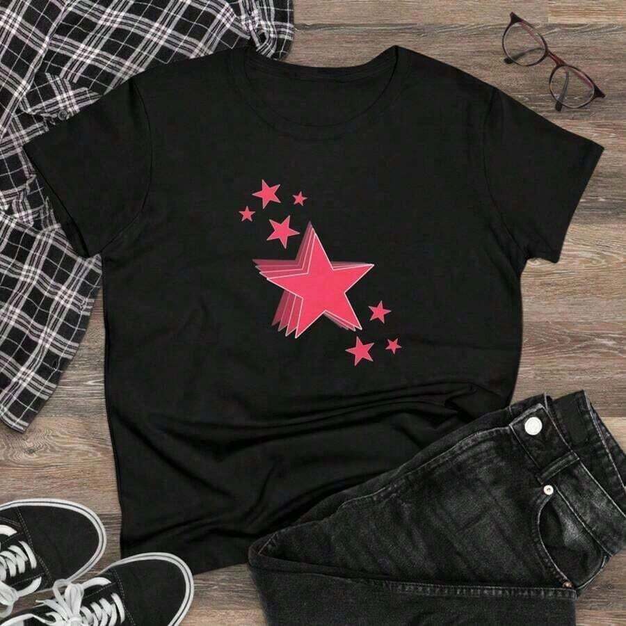 Camias de Alta Calidad en , Estampado de Estrellas Rosadas, Camias de Algodón de Peso Medio para Mujer, y Pequeñas, Artículos Versátiles Unisex Adecuado como regalo. playera de mujer. blusas>elegantes. Boho chic, 1 pieza. Adecuado para primavera, verano y otoño. - Negro - Ver 1
