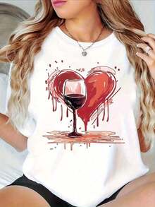 Women's Hawaiian Beach Graphic Tees, Red Wine Splash And Heart Design - Women's Casual Crew Neck T-Shirt, Casual Party Theme, 100% Cotton, Plus Size T-Shirt For Outings And Travel - 白色 - 查看 1