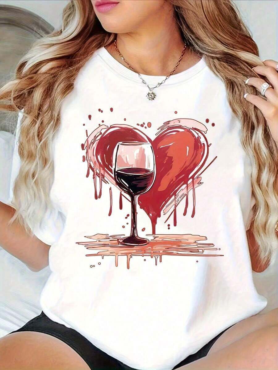 Women's Hawaiian Beach Graphic Tees, Red Wine Splash And Heart Design - Women's Casual Crew Neck T-Shirt, Casual Party Theme, 100% Cotton, Plus Size T-Shirt For Outings And Travel - 白色 - 查看 1