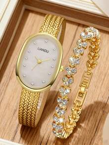LIANDU LIANDU Conjunto de relojes para mujer para el Día de la Madre, reloj de cuarzo con esfera numérica minimalista y pulsera, adecuado para uso diario, regalo de cumpleaños, vuelta al colegio, Acción de Gracias, parejas, mejor regalo - Dorado - Ver 10