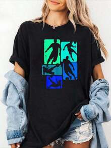 Camiseta 100% de algodón puro con diseño gráfico de fútbol para aficionados, estilo streetwear genial y divertido, estampada para mujer, cómoda y acogedora, ideal para el uso diario casual femenino, adecuada para primavera, verano y otoño. - Negro - Ver 1