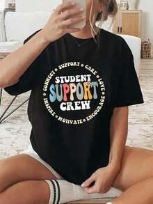 Camisetas 100% de Algodón Puro para el Equipo de Apoyo Estudiantil, Asesorado Escolar y Servicios Estudiantiles, Estilos Cómodos y Acogedores para el Verano, Camisetas con Estampados Divertidos para Mujer, Adecuadas para primavera, verano y otoño. - Negro - Ver 7