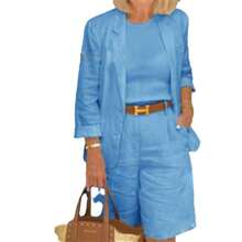 2026 Womens White Linen-Blend 3-Piece Set Blazer, Tank Top & Wide Leg Shorts Casual Workwear - 藍色 - 查看 4