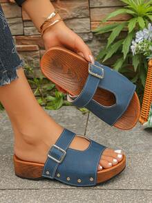 2026 Summer New Vintage Distressed Faux Wood Grain Brown Thick Sole Casual Sandals, Rivet Decor Outdoor Fashion Platform Wedge Slippers, Matte Comfortable High Heel Slides For Daily, Vacation Wear - Blue Matte Finish - Open Front - View 2