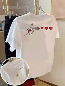 Plus Size Women's Short Sleeve T-Shirts, Ideal For Summer, Everyday Basic T-Shirts, Short Sleeve T-Shirt With Heart Print On The Front And Back,  Print For Valentine's Day - Spring/Summer Printed T-Shirt For Women, Fashionable Item, Breathable And Comfortable. - 白色 - 查看 1