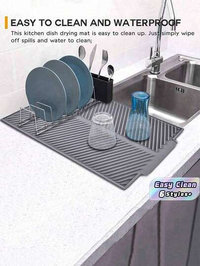 Silicone Dish Drying Mat With Extra-Wide Edge - Non-Slip Kitchen Countertop Drainage Mat For Plates, Bowls, Utensils | Flexible Odor-Resistant Drying Rack
